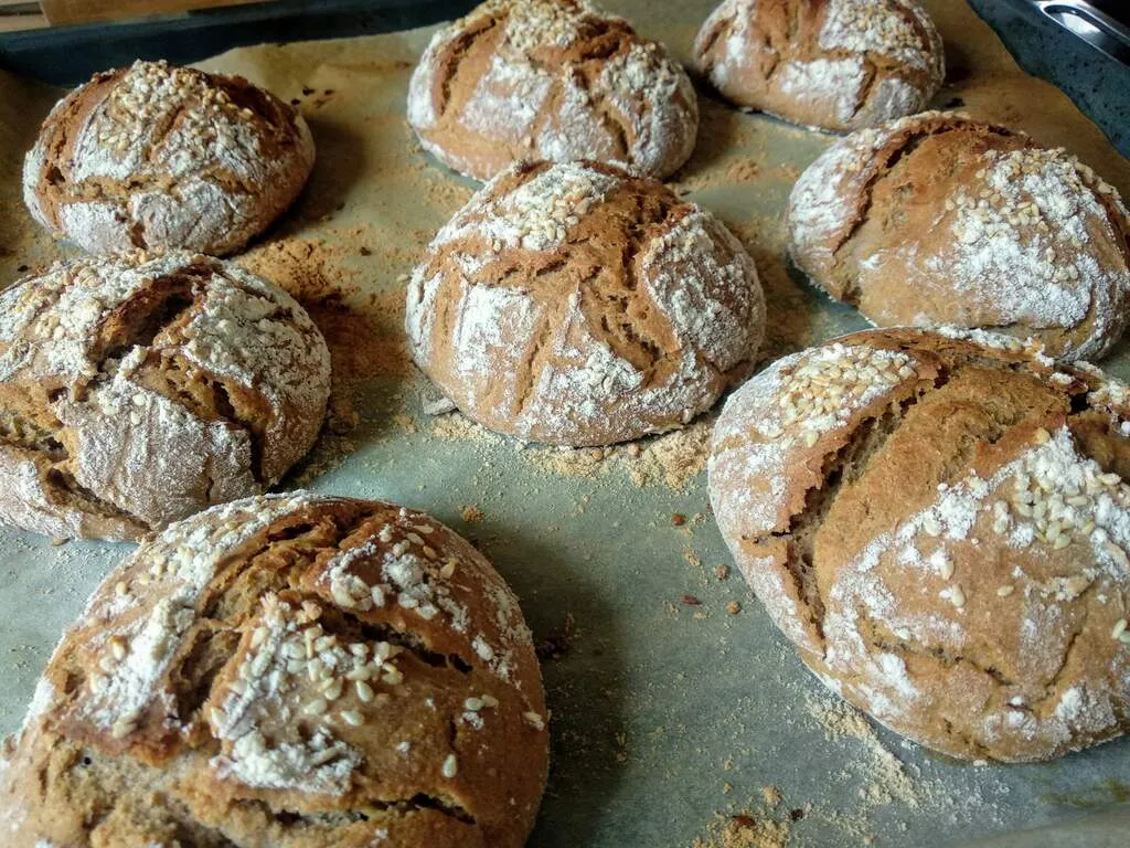 Sötét barna zsemblék a tepsiben kis rozsliszttel és szezámmaggal meghintve